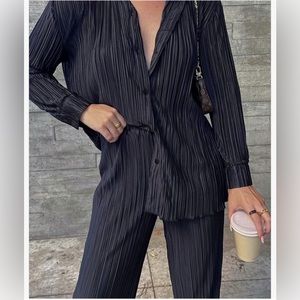 Womens Casual 2 Piece Plisse Outfit - Long Sleeve Button Blouse Top Wide Leg